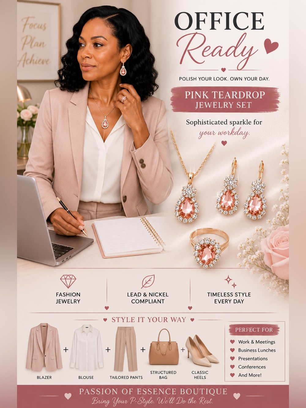 Blush Radiance Pink Teardrop Necklace Earrings & Ring Set | Fashion Jewelry